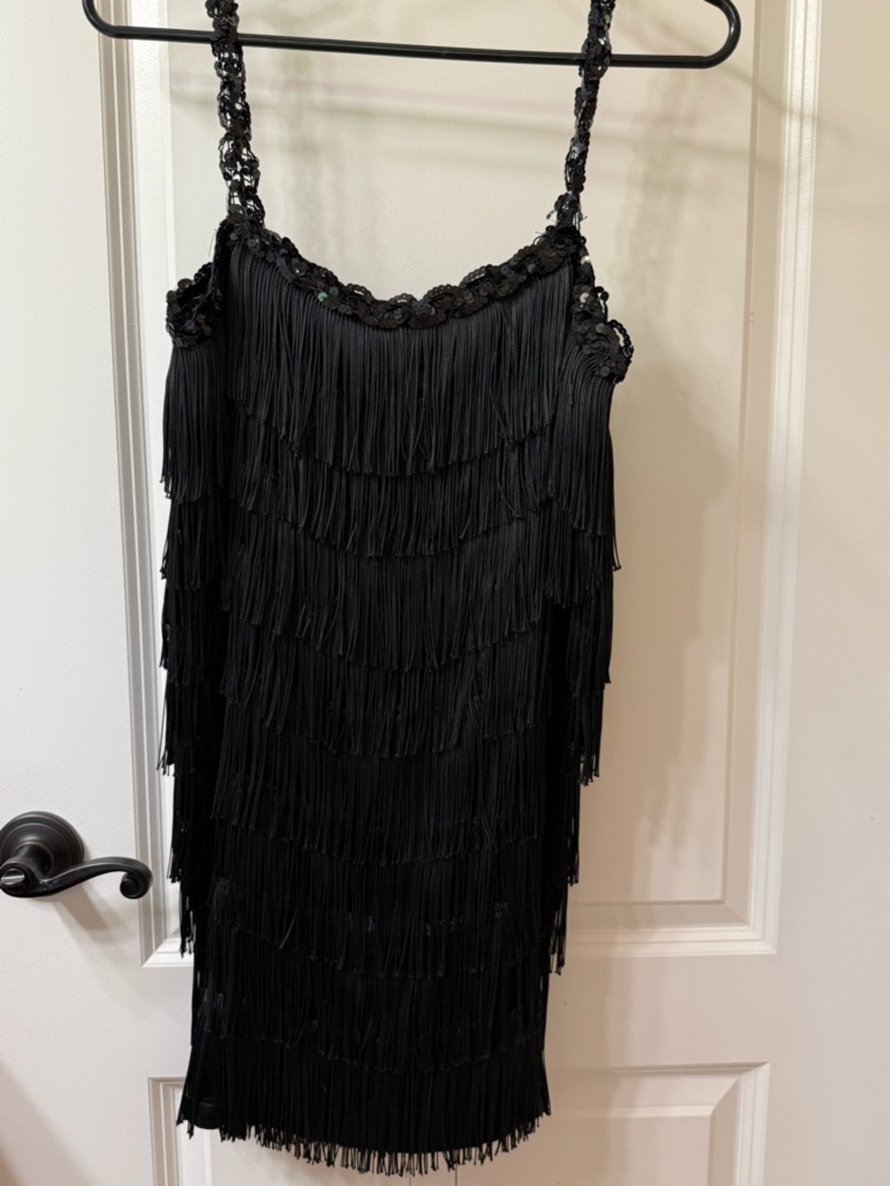 Custom made Black Fringe Spaghetti-Strap Mini Dress.  MP.  Worn once